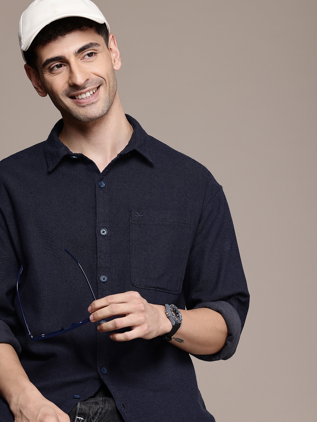

WROGN Pure Cotton Oversized Casual Shirt, Navy blue