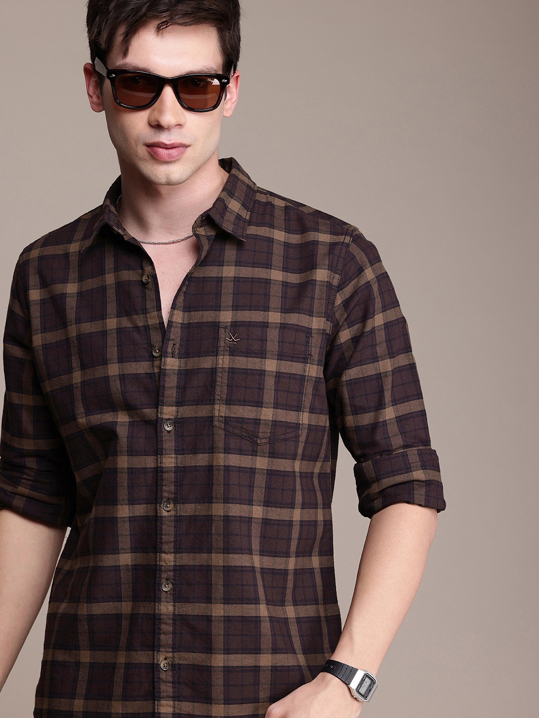 

WROGN Opaque Checked Pure Cotton Casual Shirt, Brown