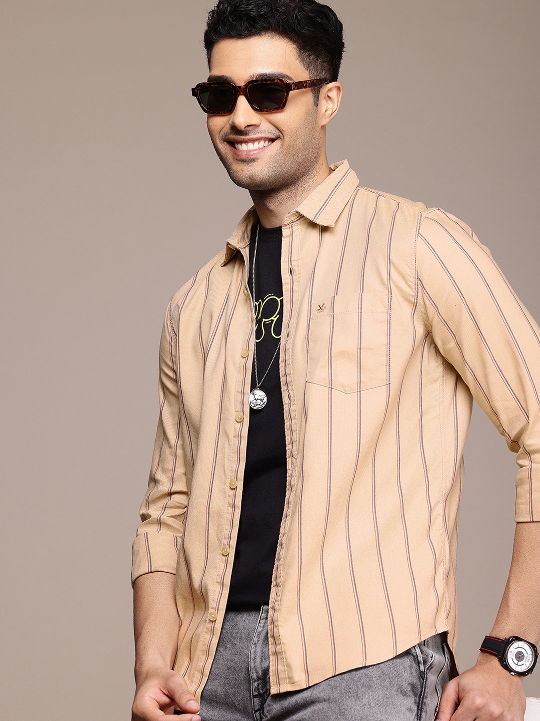 

WROGN Vertical Stripes Casual Shirt, Khaki