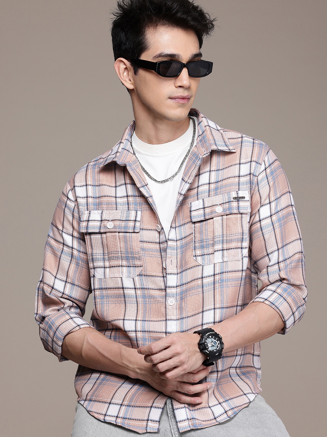 

WROGN Comfort Fit Opaque Checked Casual Shirt, Beige