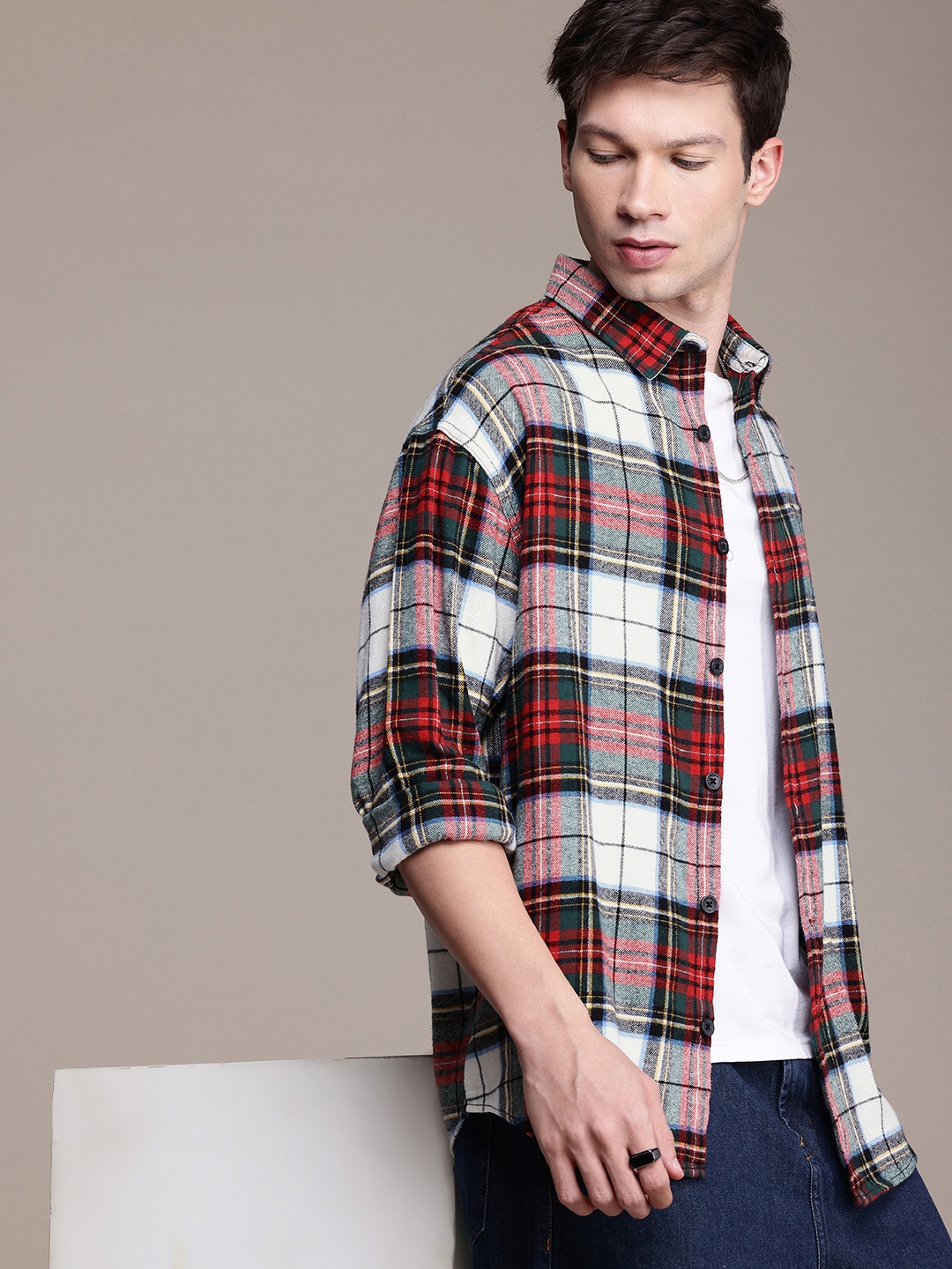 WROGN Oversized Fit Tartan Checks Opaque Flannel Casual Shirt, Red