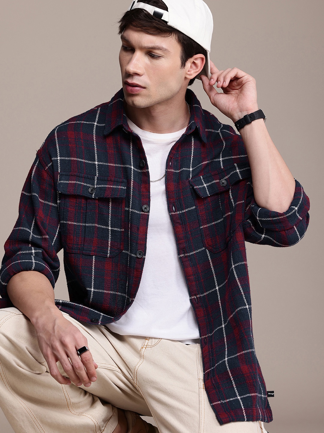 

WROGN Oversized Fit Tartan Checked Opaque Casual Shirt, Navy blue