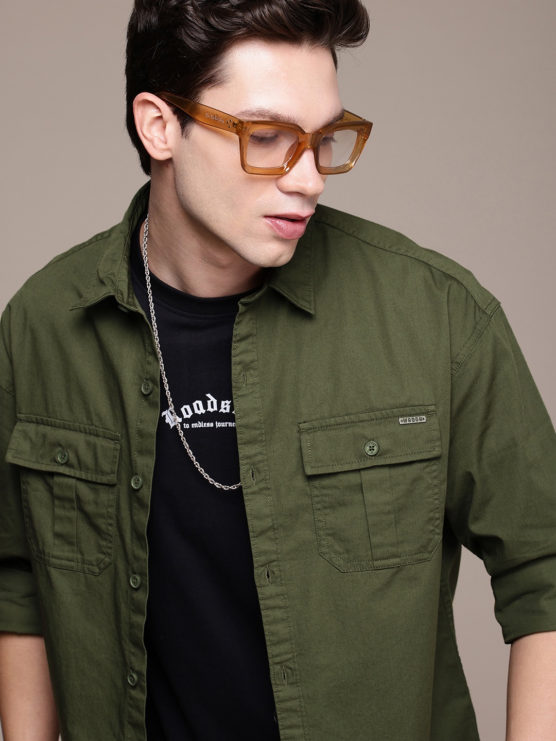 

WROGN Pure Cotton Opaque Oversized Casual Shirt, Olive