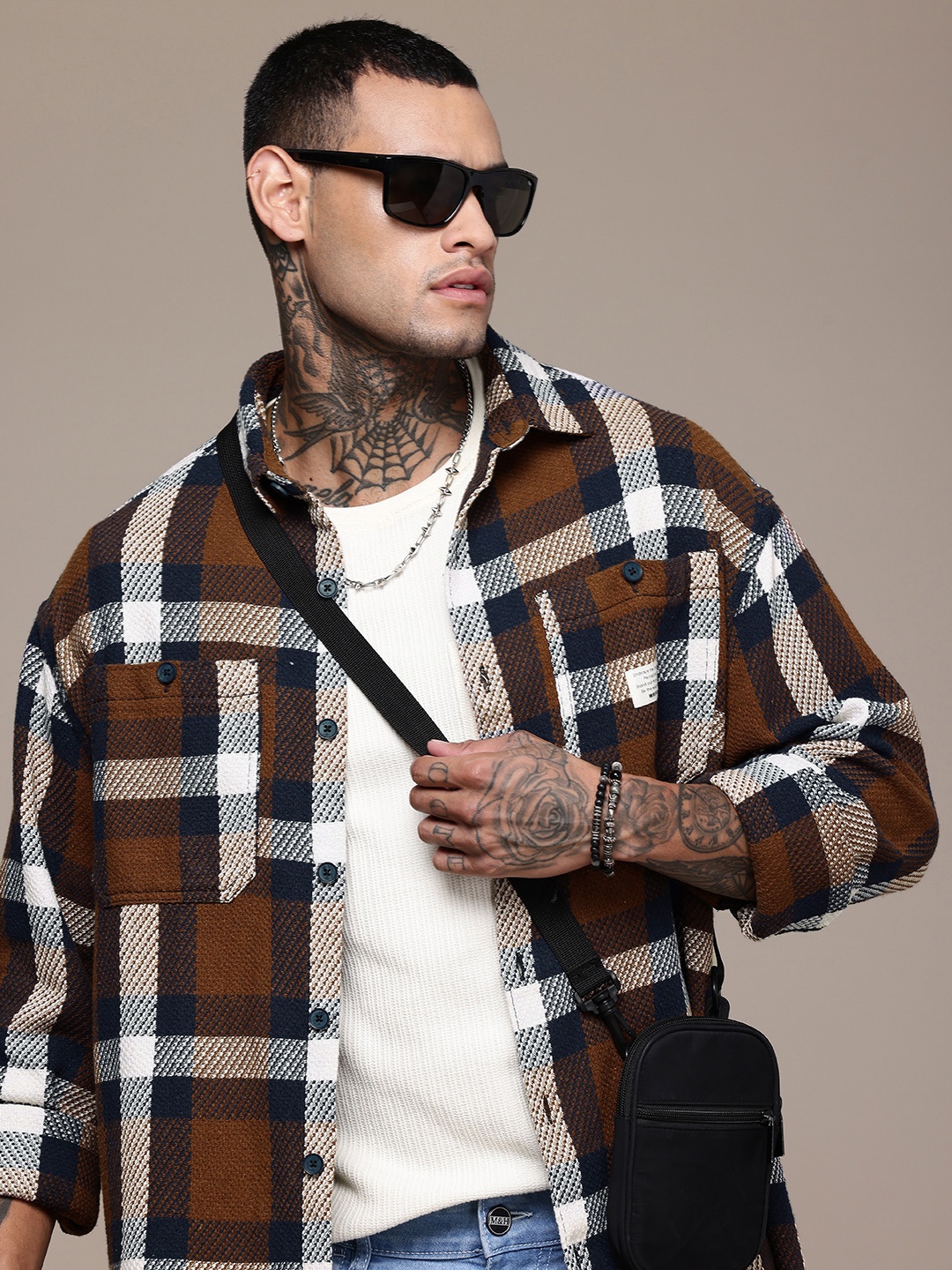 WROGN Tartan Checks Drop-Shoulder Sleeves Oversized Knitted Casual Shirt, Brown