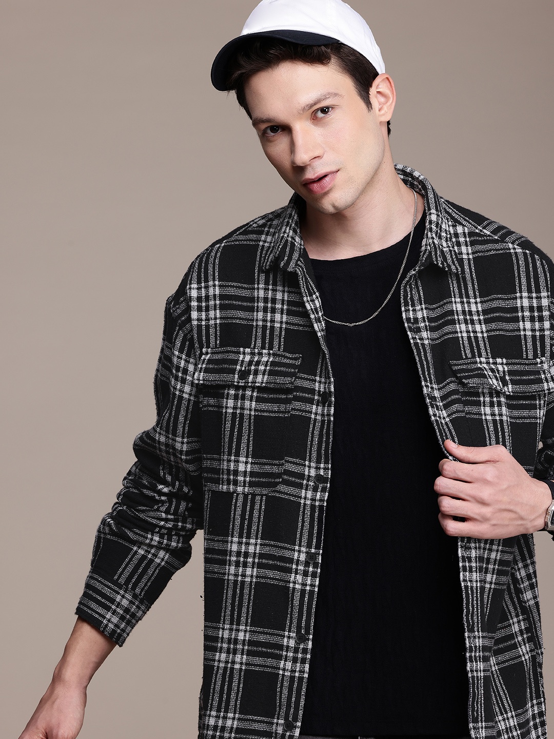 WROGN Oversized Fit Tartan Checks Opaque Casual Shirt, Black