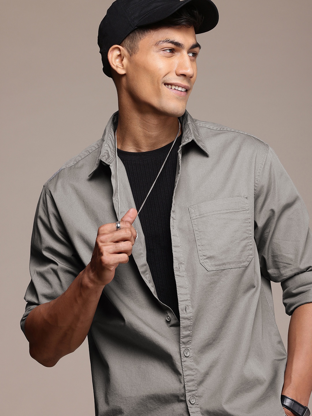 

WROGN Pure Cotton Drop-Shoulder Sleeves Comfort Fit Casual Shirt, Grey