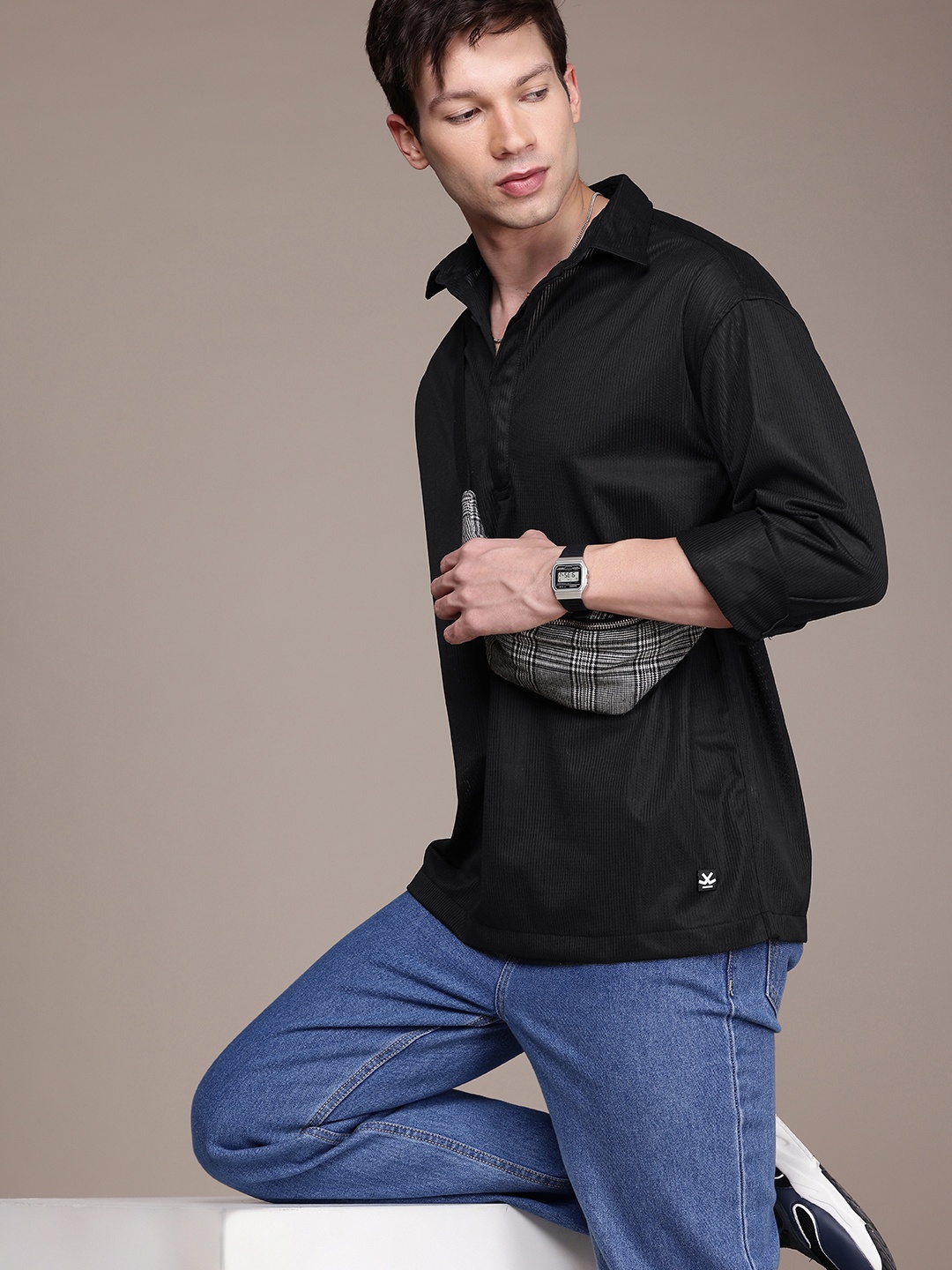 WROGN Oversized Fit Opaque Striped Casual Shirt, Black