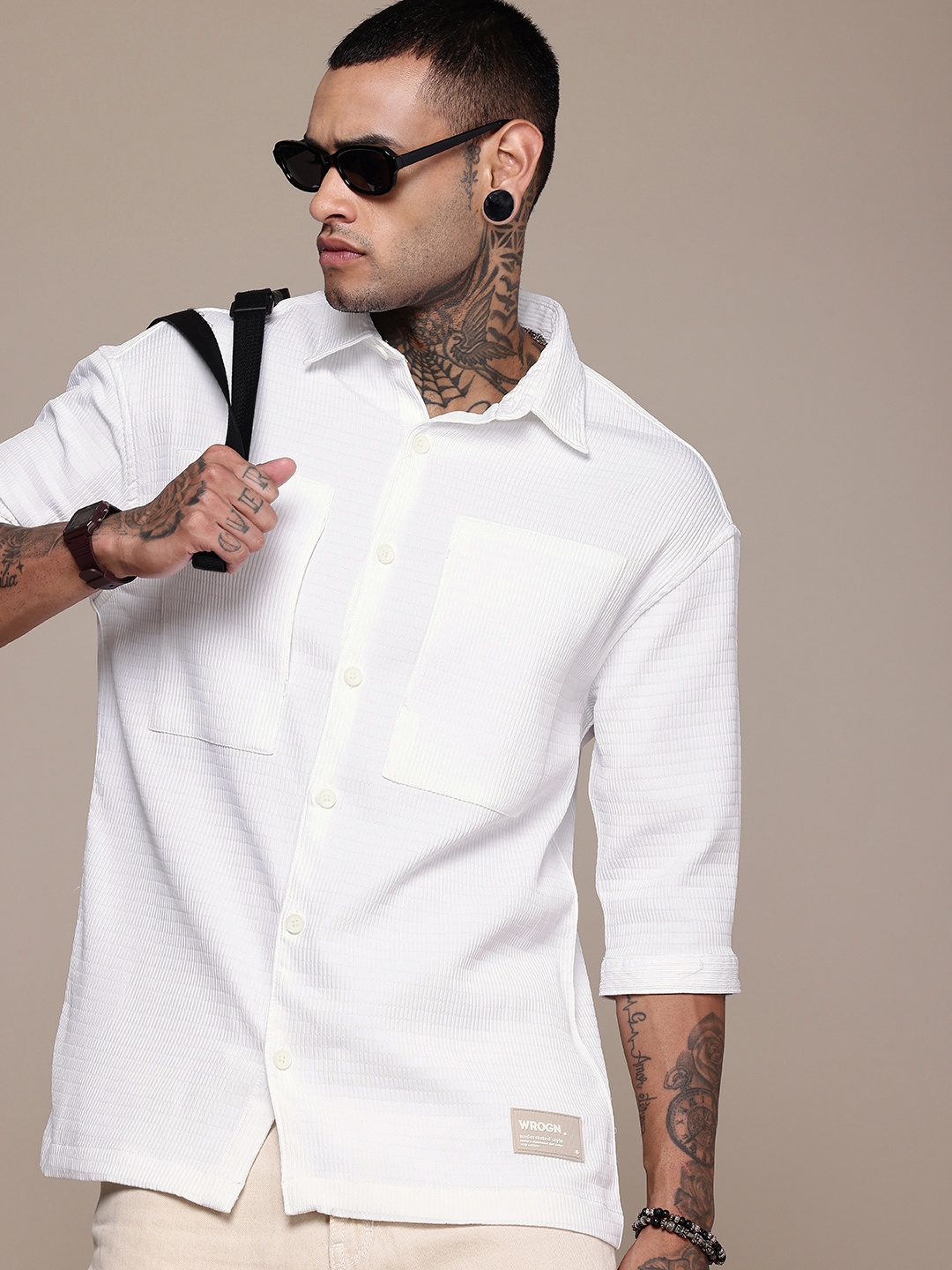 

WROGN Oversized Fit Self Design Opaque Pure Cotton Casual Shirt, White