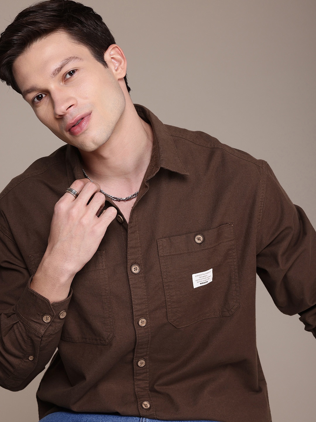 

WROGN Drop-Shoulder Sleeves Oversized Casual Shirt, Coffee brown