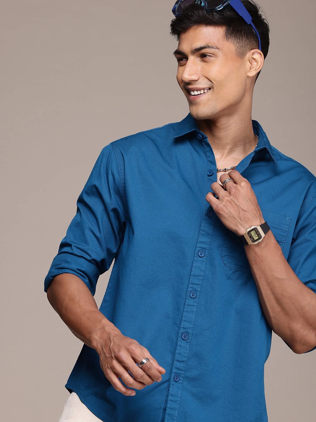 

WROGN Pure Cotton Drop-Shoulder Sleeves Comfort Fit Casual Shirt, Blue