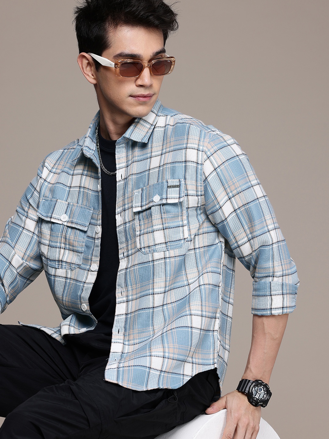 

WROGN Checked Textured Comfort Fit Casual Shirt, Blue