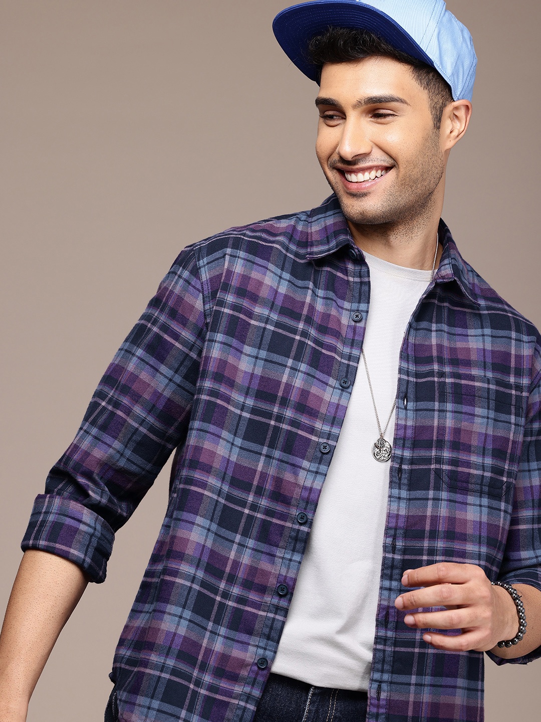 WROGN Comfort Opaque Checked Casual Shirt, Navy blue