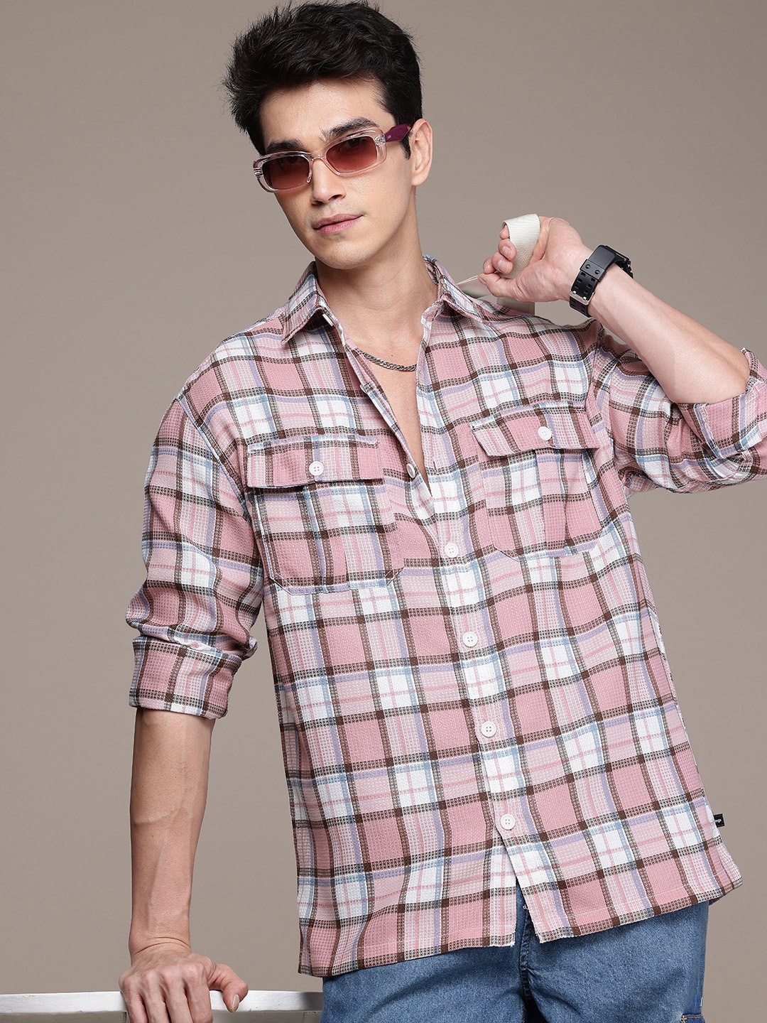 

WROGN Pure Cotton Checked Textured Oversized Fit Casual Shirt, Pink