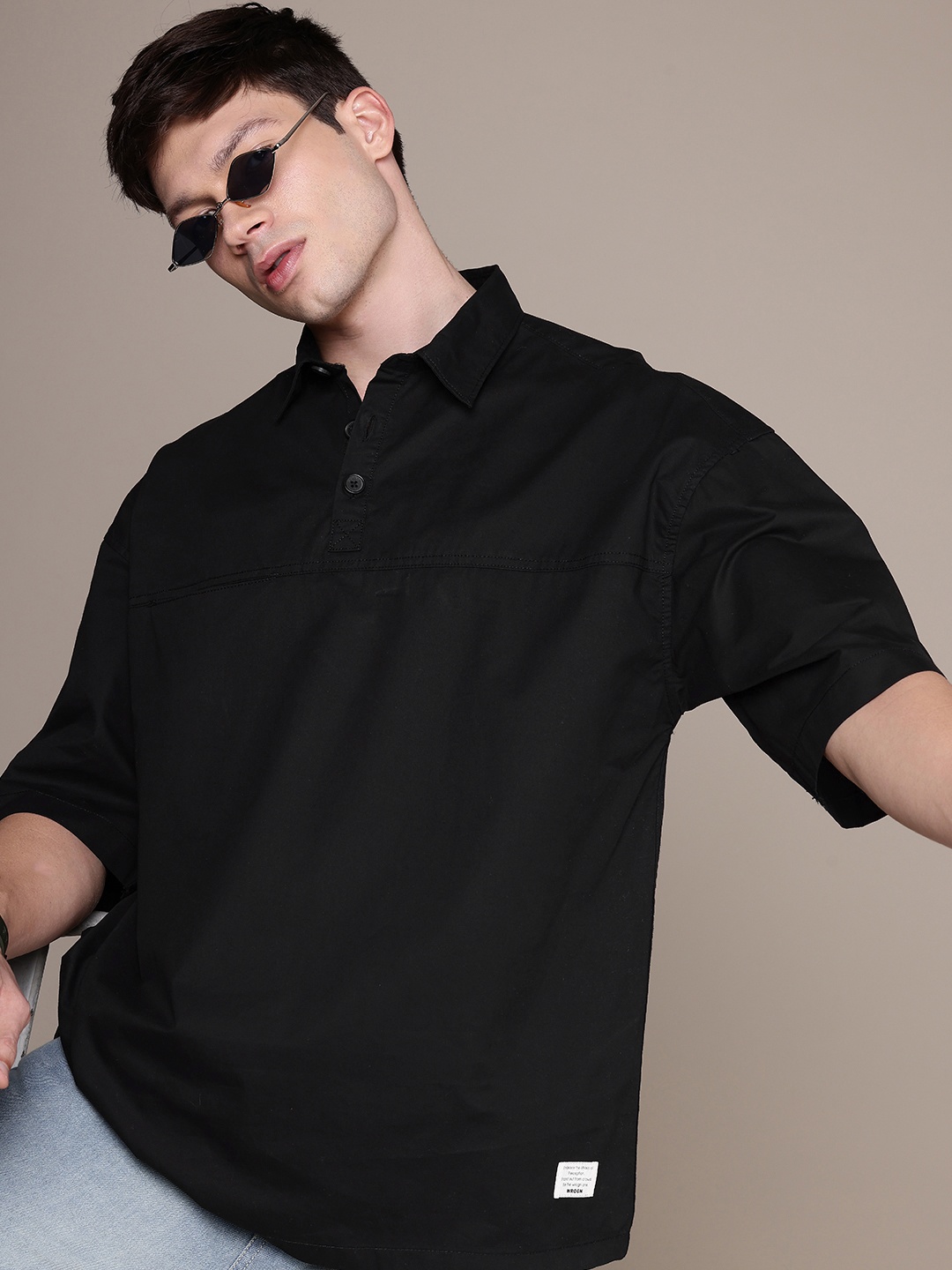 

WROGN Oversized Plus Fit Drop-Shoulder Sleeves Pure Cotton Casual Shirt, Black