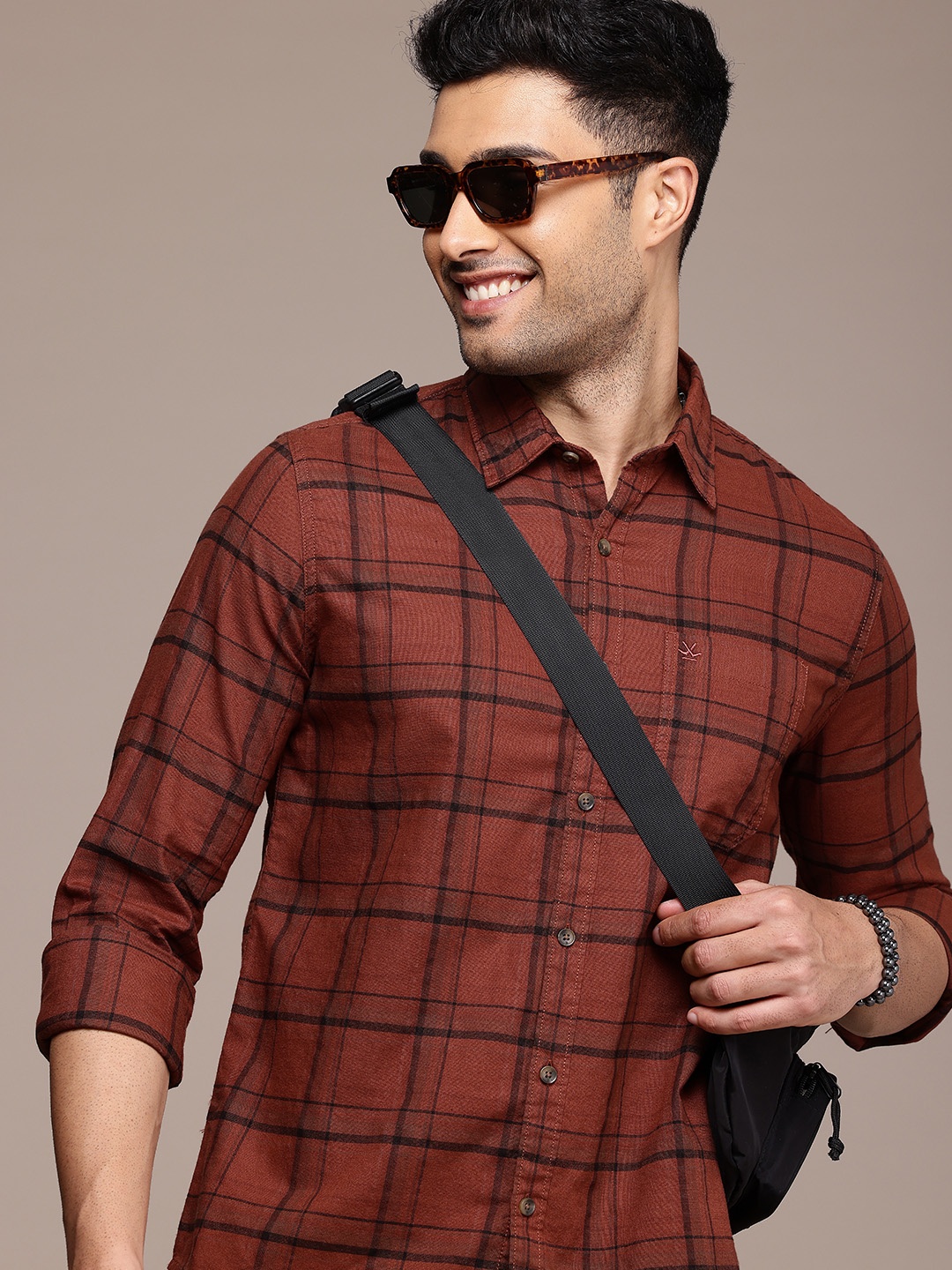 

WROGN Tartan Checks Opaque Pure Cotton Casual Shirt, Brown