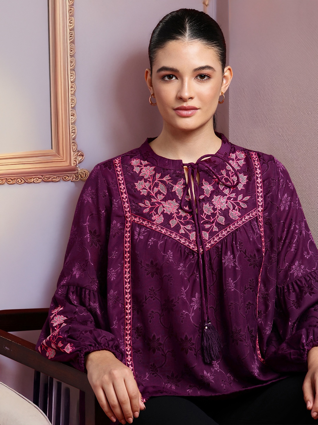 

all about you Floral Embroidered Mandarin Collar Puff Sleeve Top, Purple