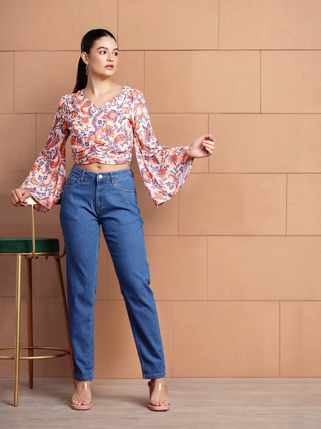 

all about you Floral Printed Flared Sleeve Regular Top, Beige