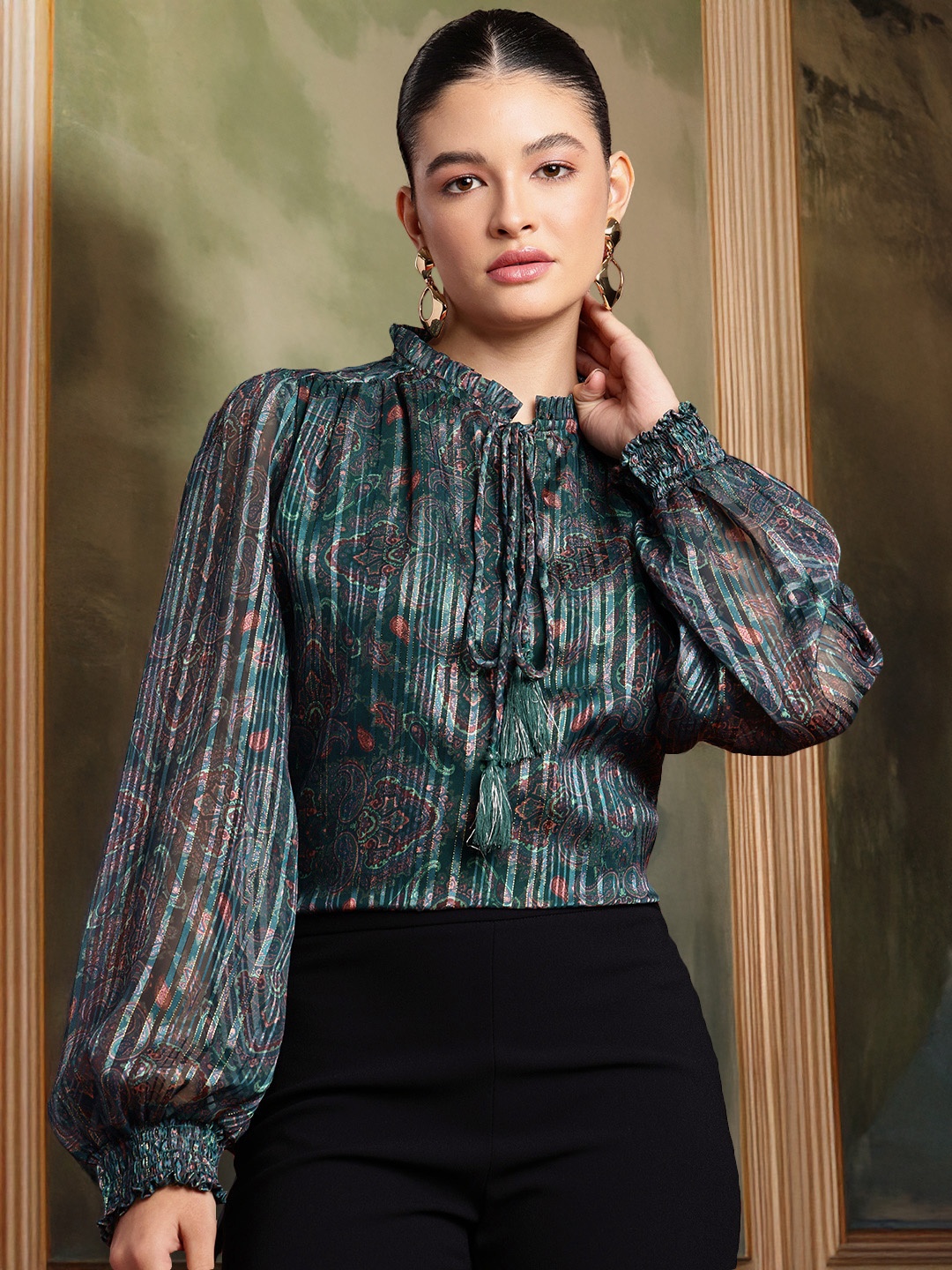 

all about you Tie-Up Neck Puff Sleeve Ruffles Ethnic Printed Top, Green