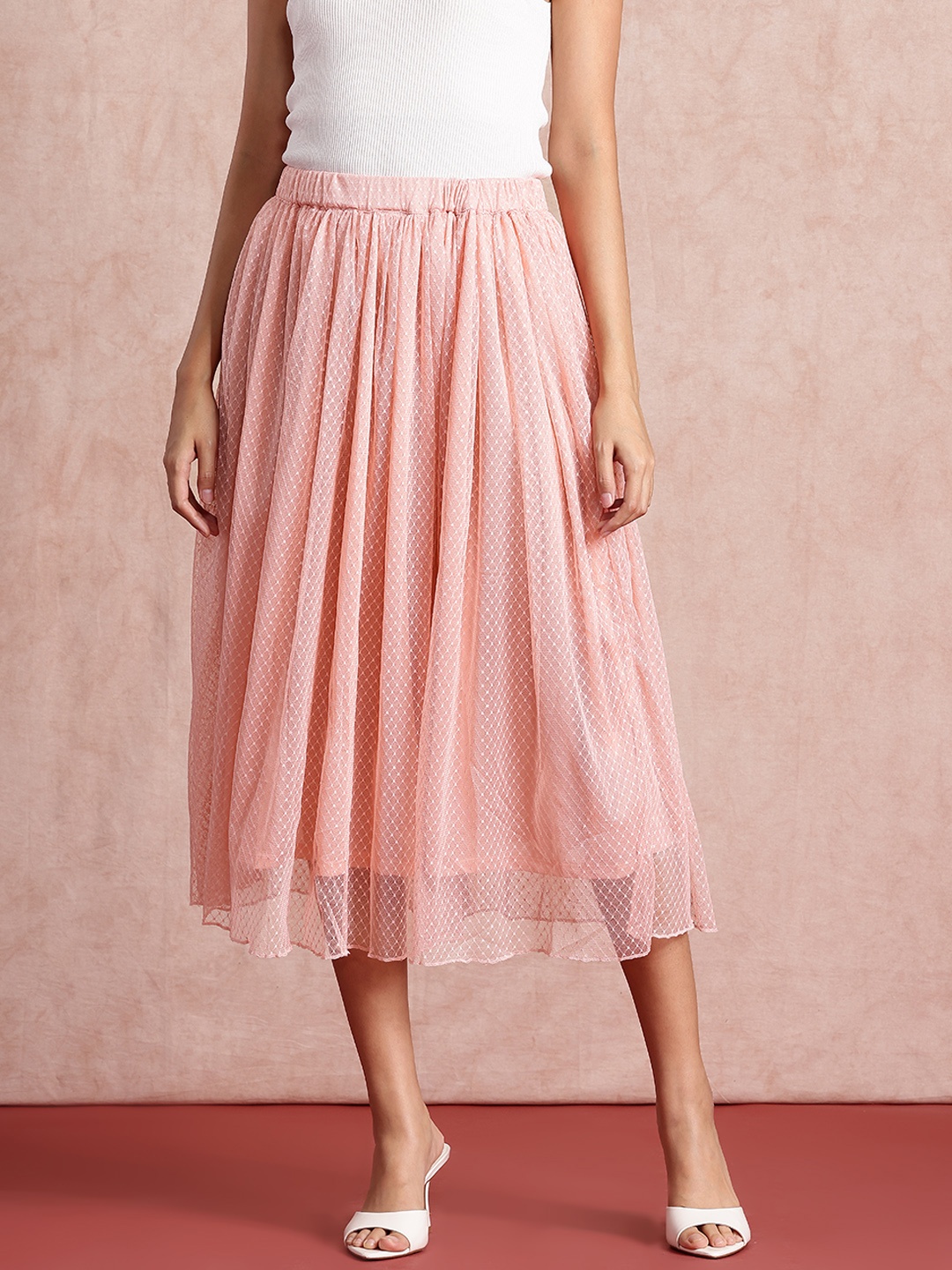 

all about you Geometric Self Design A-line Midi Skirt, Peach