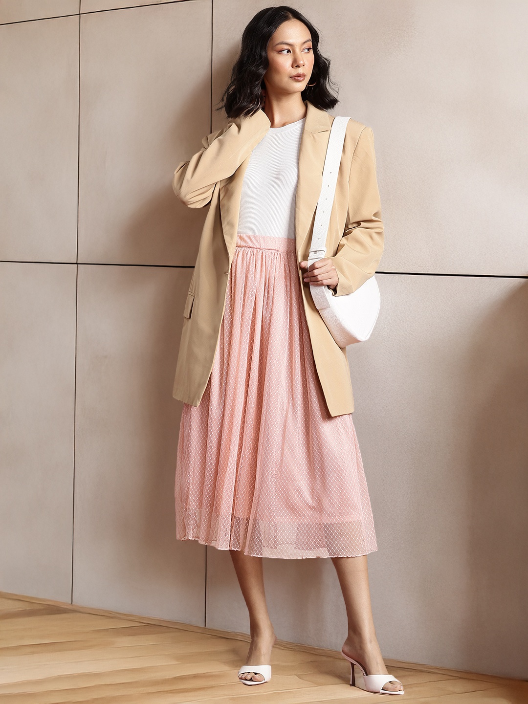 

all about you Geometric Self Design A-line Midi Skirt, Peach