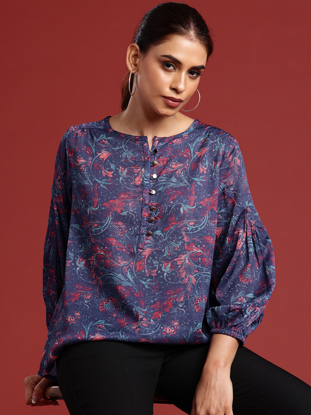 

all about you Floral Print Puff Sleeve Gathers Detail Top, Blue