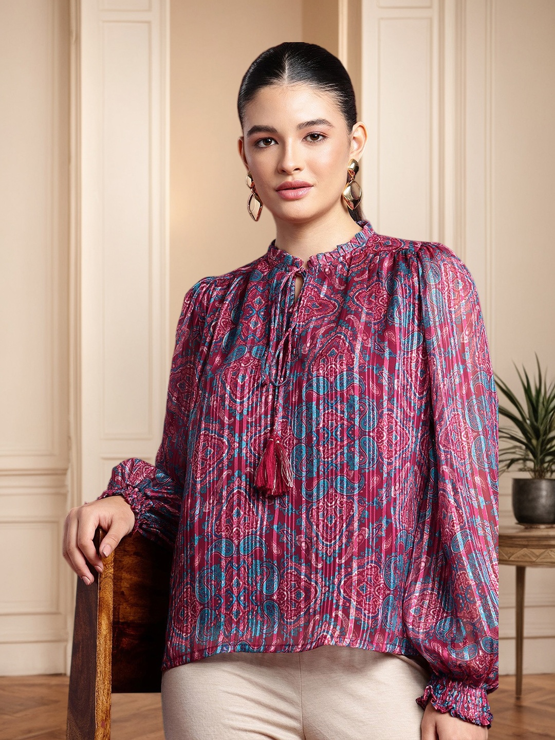 

all about you Tie-Up Neck Puff Sleeve Ruffles Ethnic Printed Top, Maroon