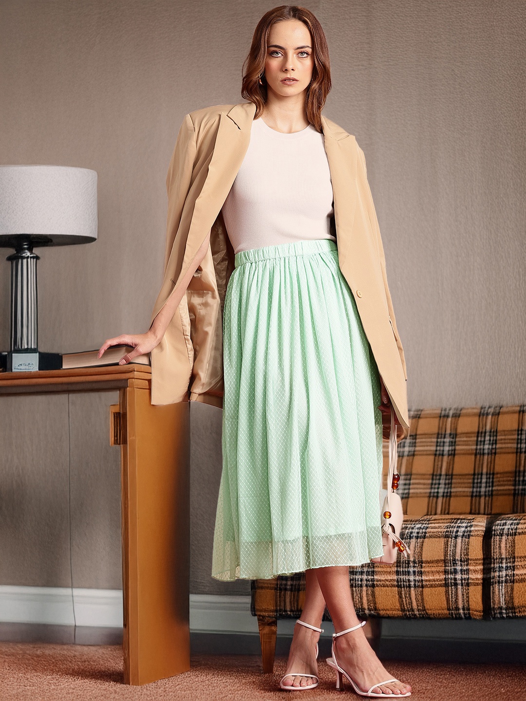 

all about you Geometric Self Design Flared Midi Skirt, Green