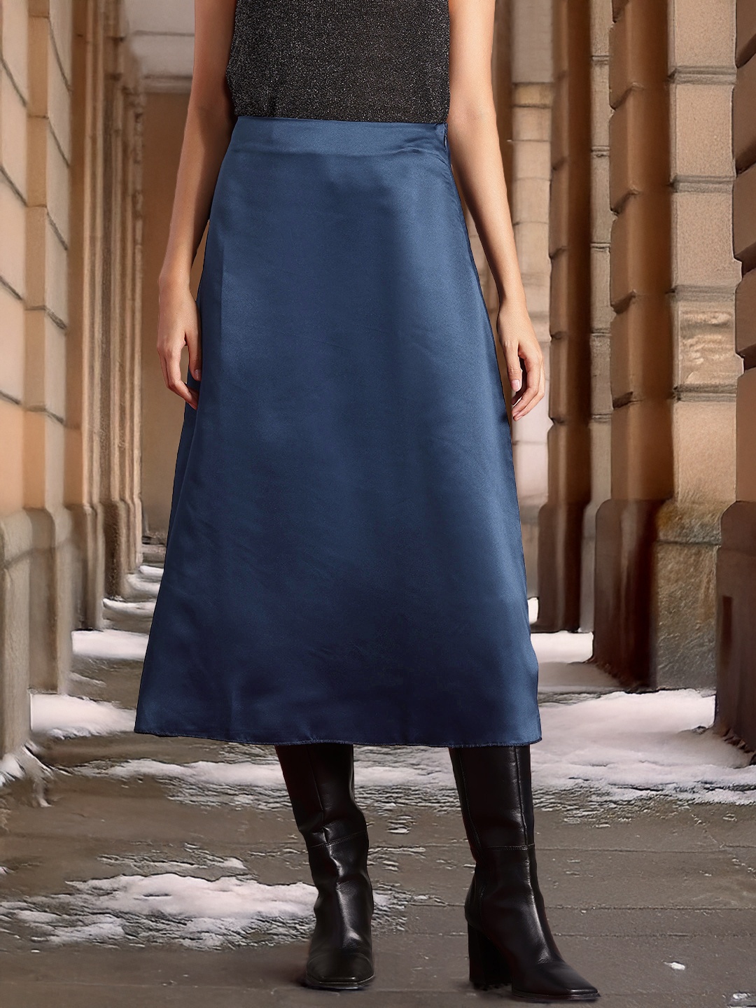 

all about you Satin A-Line Midi Skirt, Navy blue