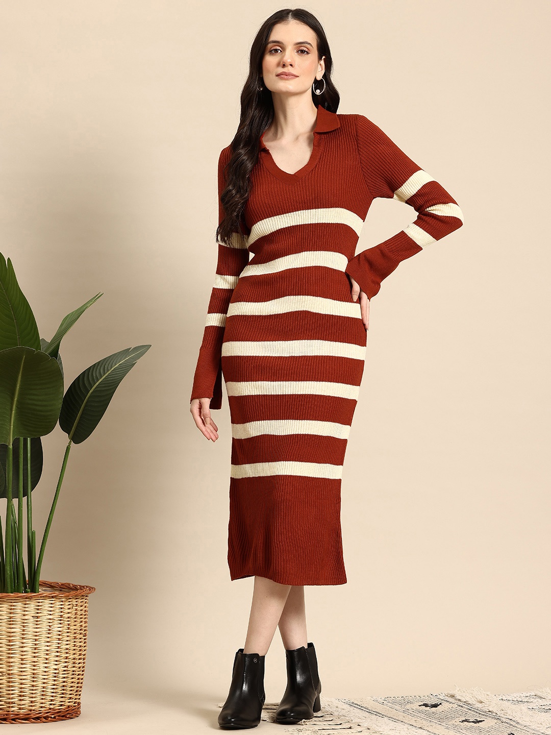 

Mast & Harbour Ribbed Striped Sweater Midi Dress, Rust