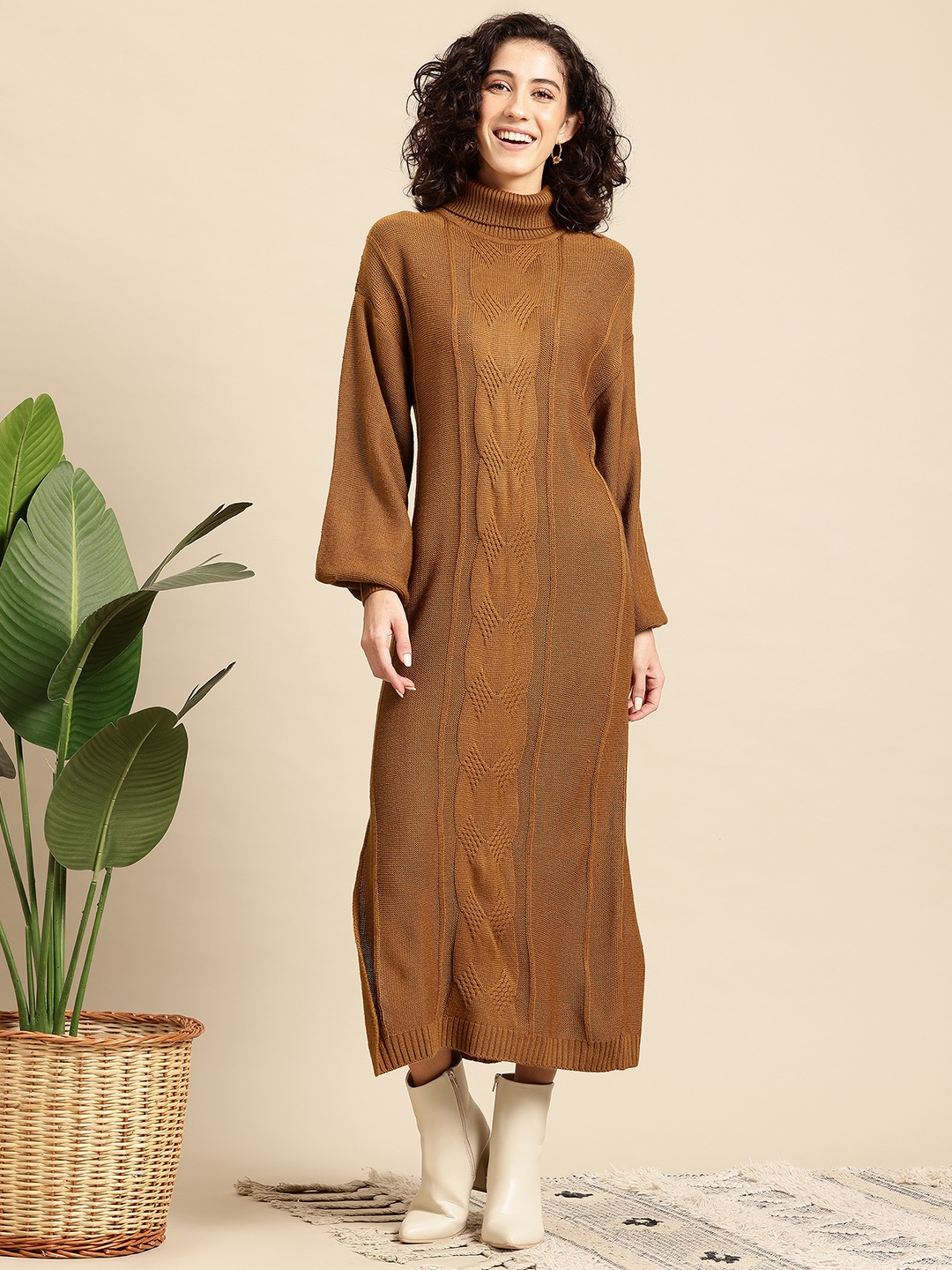 

Mast & Harbour Cable Knit Midi Jumper Dress, Brown