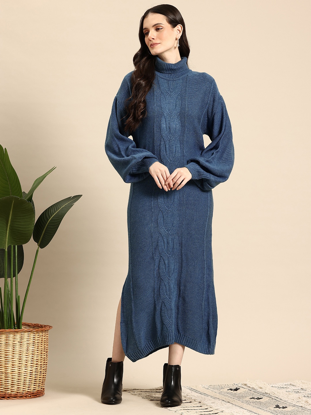 

Mast & Harbour Cable Knit High Neck Sweater Midi Dress, Blue
