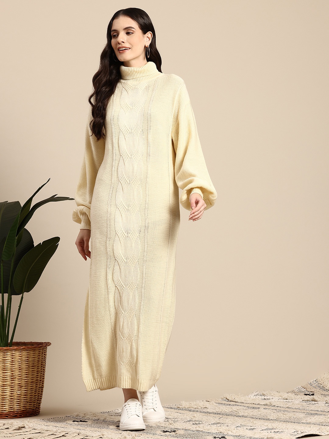 

Mast & Harbour Cable Knit Turtle Neck Sweater Maxi Dress, Cream