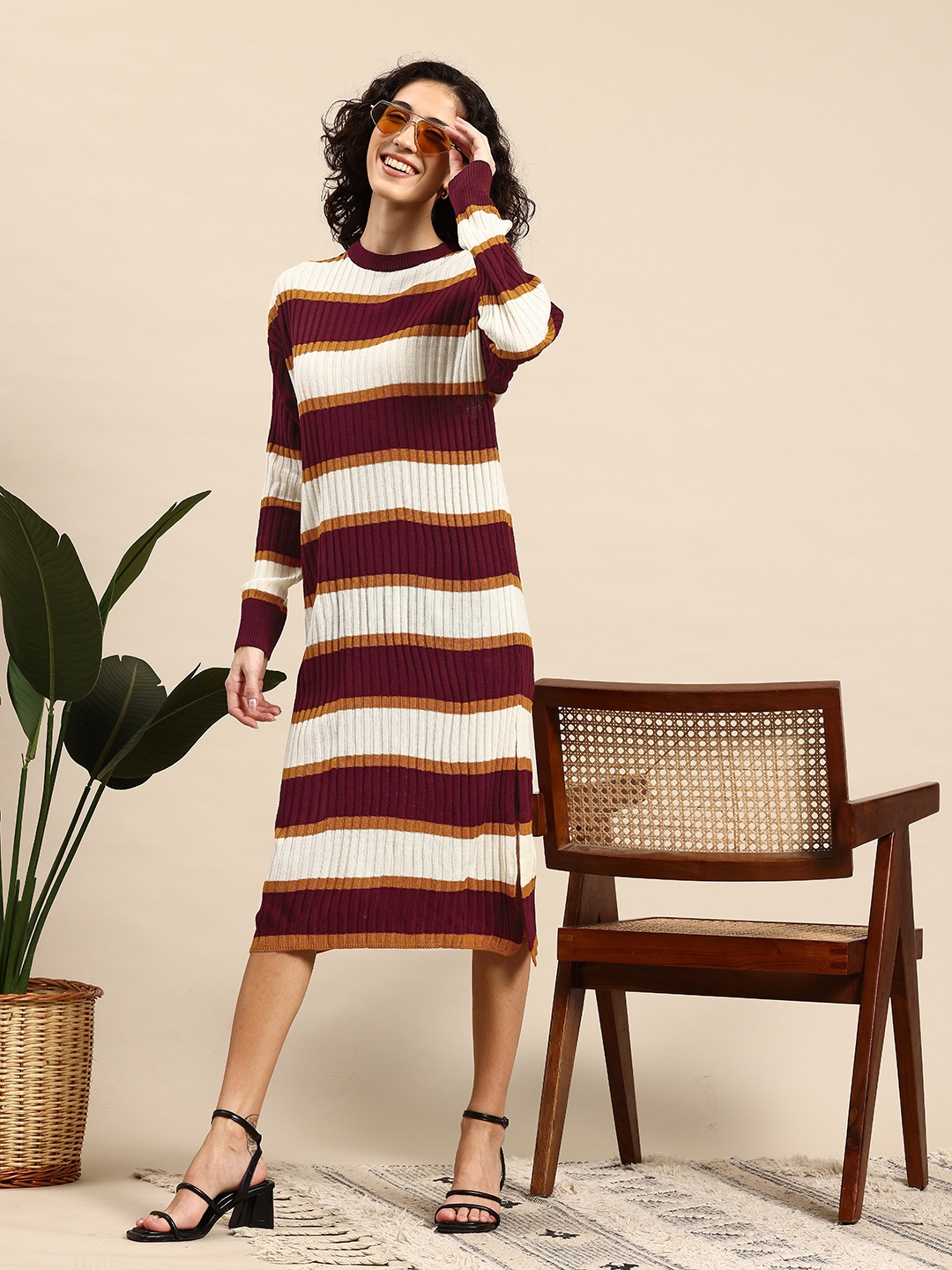 

Mast & Harbour Striped Midi Dress, Brown