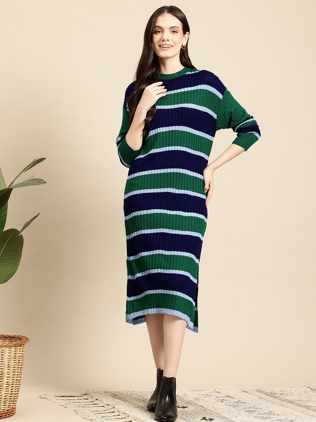 

Mast & Harbour Striped Midi Jumper Dress, Green