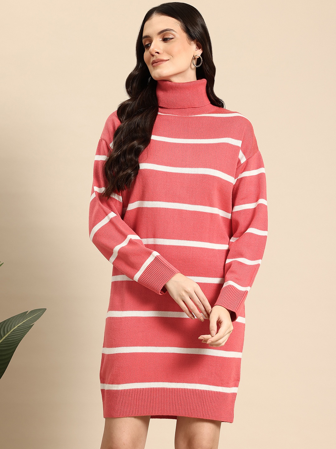 

Mast & Harbour Turtle Neck Acrylic Striped Dress, Peach