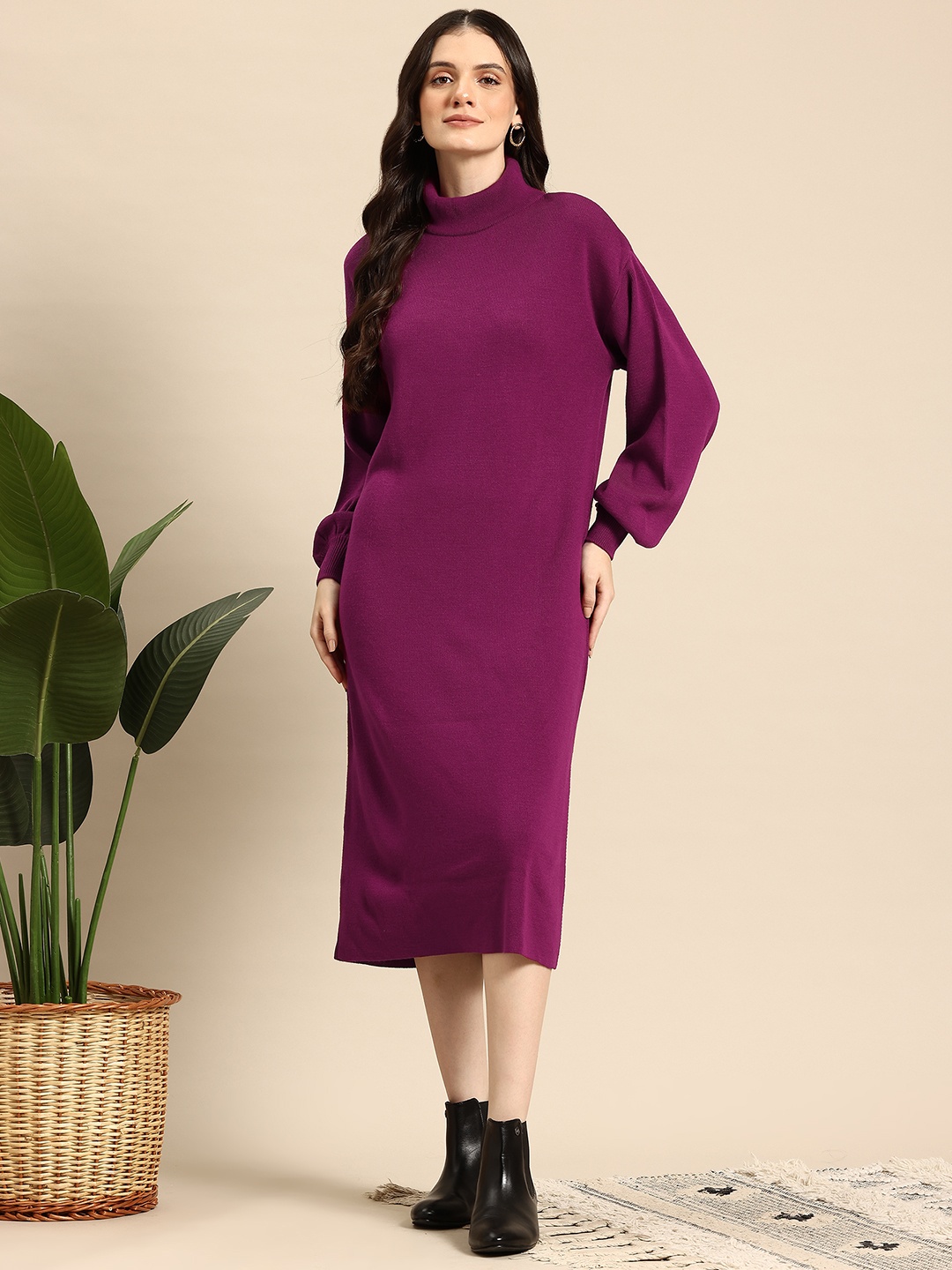 

Mast & Harbour Bishop Sleeve Ribbed Midi Dress, Purple