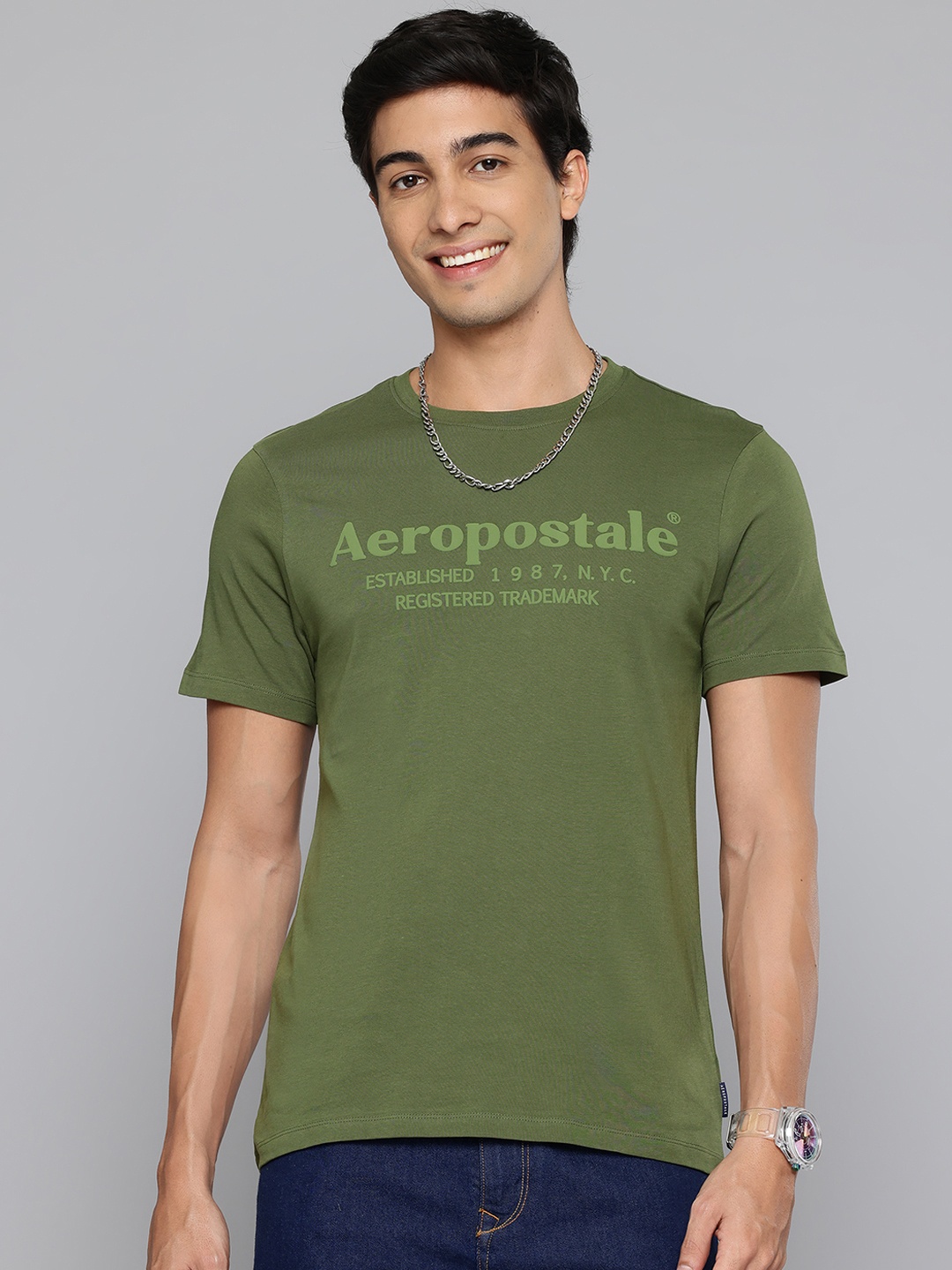 

Aeropostale Pure Cotton Brand Logo Printed T-shirt, Olive