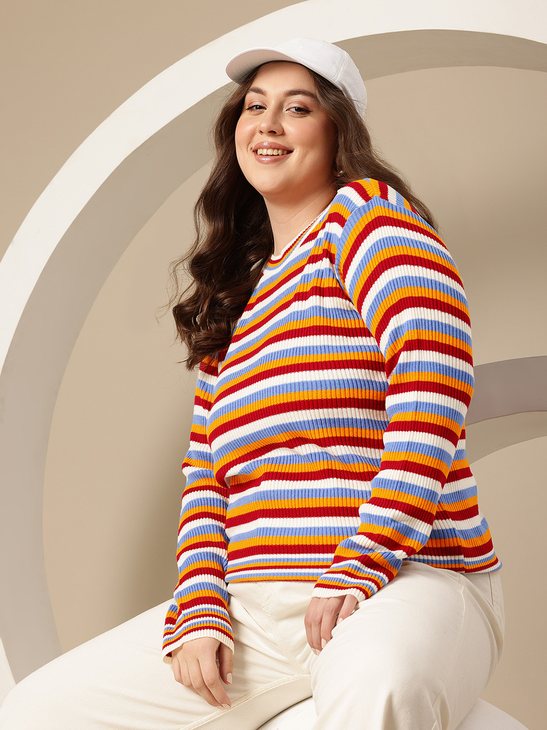 

Sztori Plus Size Horizontally Striped Ribbed Acrylic Pullover, Multi