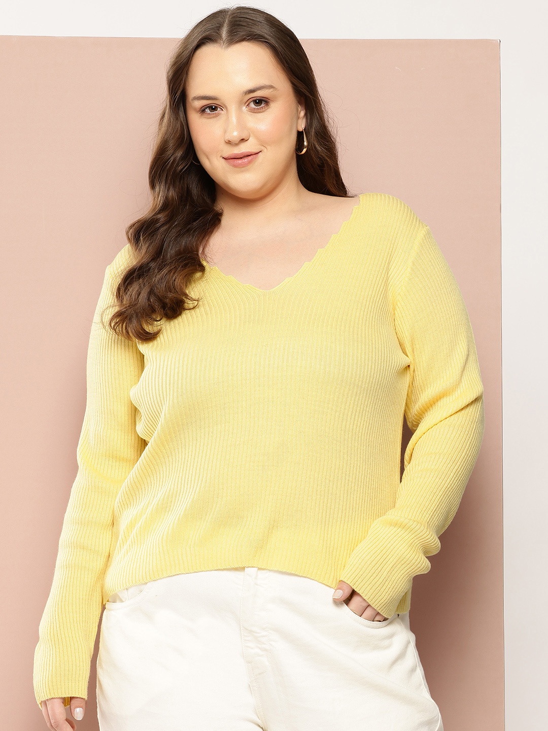 

Sztori Plus Size Ribbed Acrylic Pullover, Yellow
