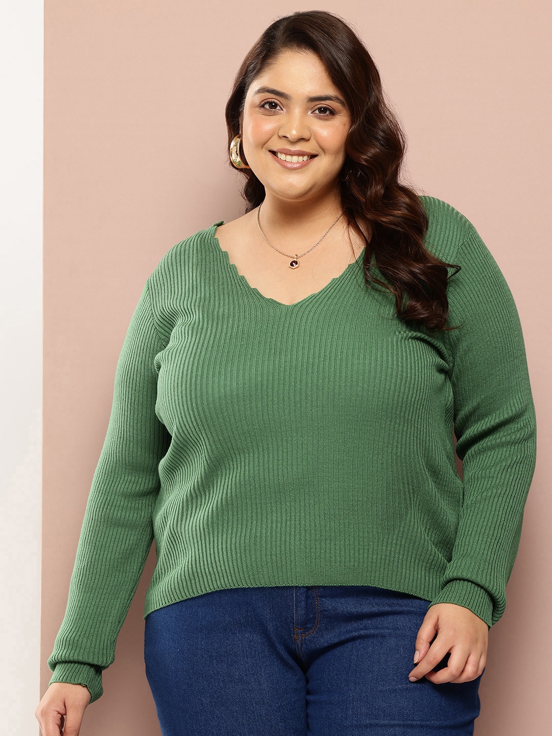 

Sztori Plus Size Ribbed Acrylic Pullover, Green