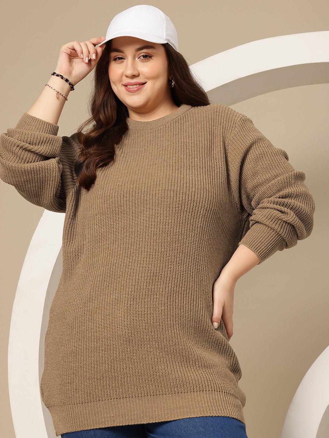 Sztori Plus Size Ribbed Acrylic Longline Pullover, Khaki