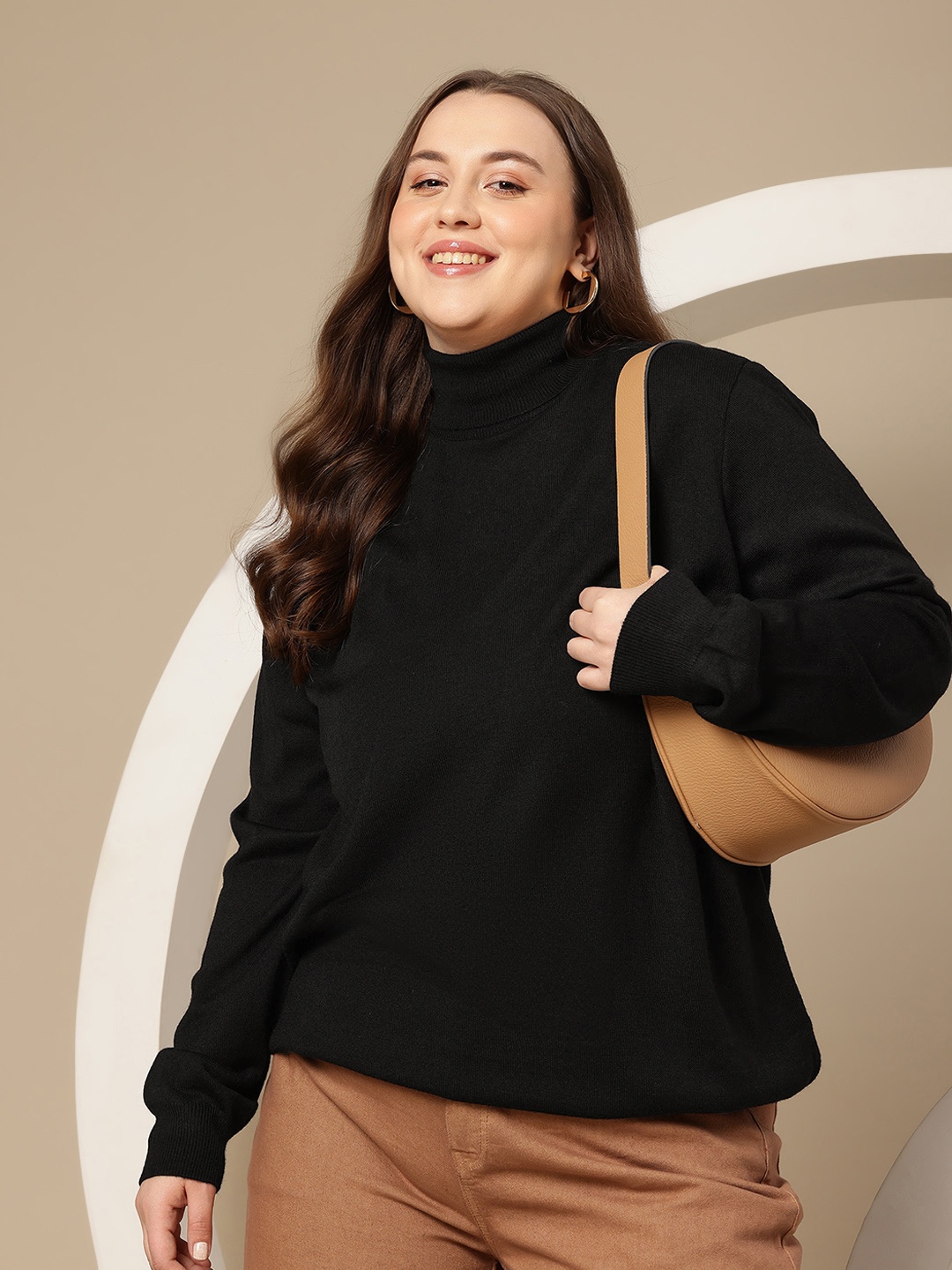 Sztori Plus Size Acrylic High Neck Longline Cardigan, Black