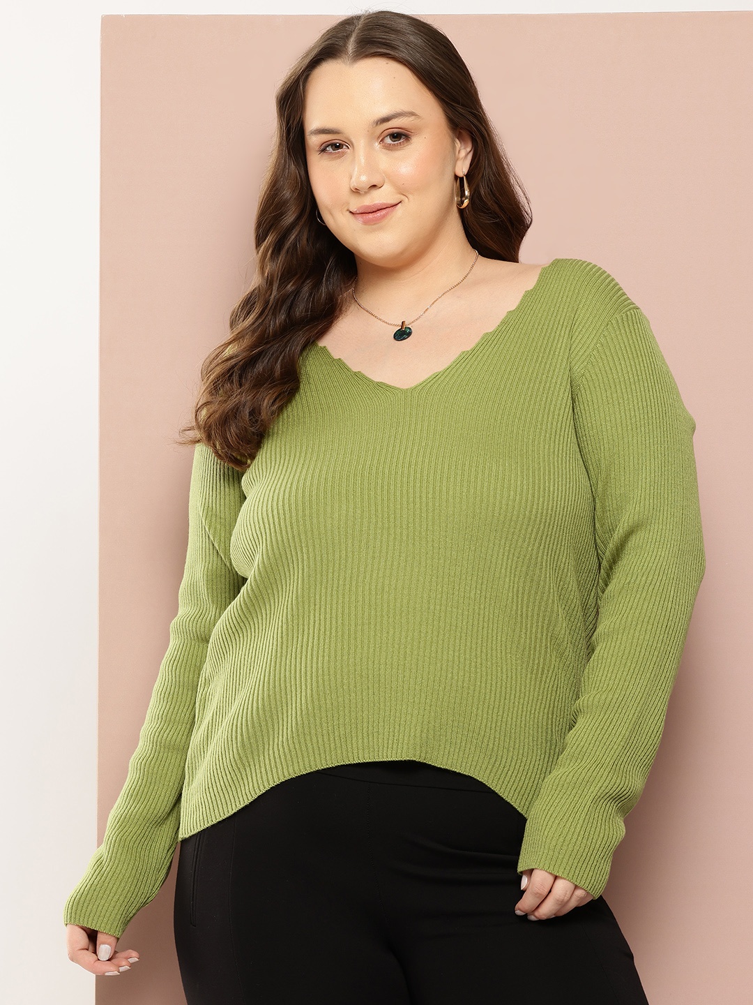 

Sztori Plus Size Ribbed Acrylic Pullover, Lime green