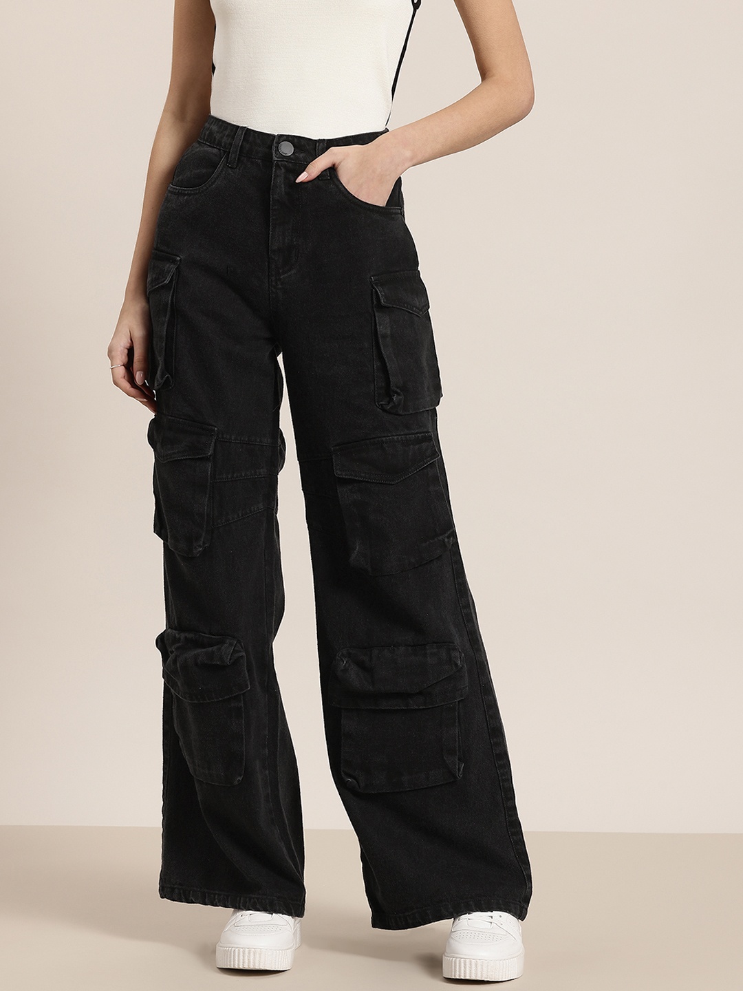 

HERE&NOW Women Cargo Style Jeans, Black