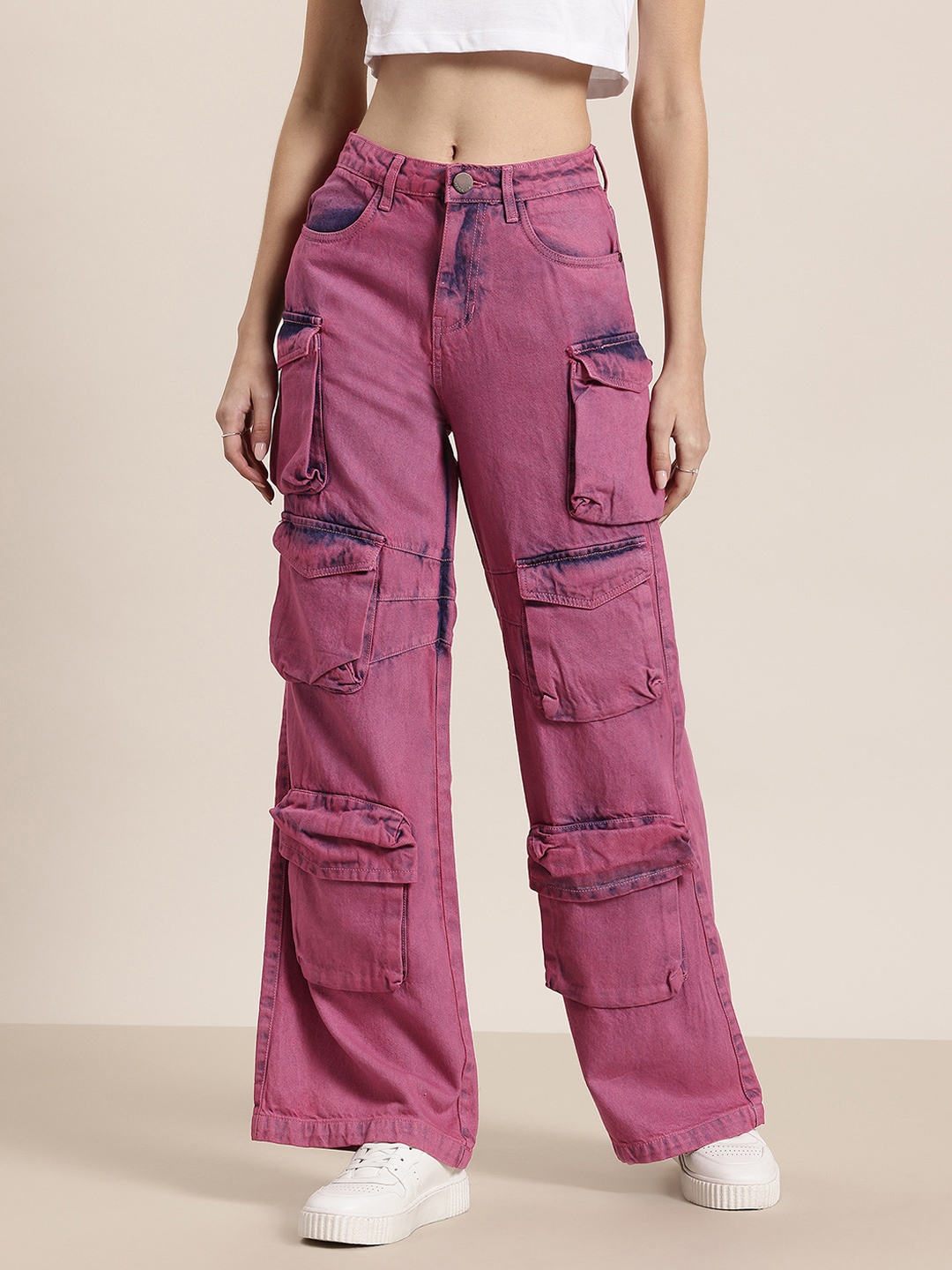 

HERE&NOW Women Wide Leg Acid Wash Jeans, Magenta