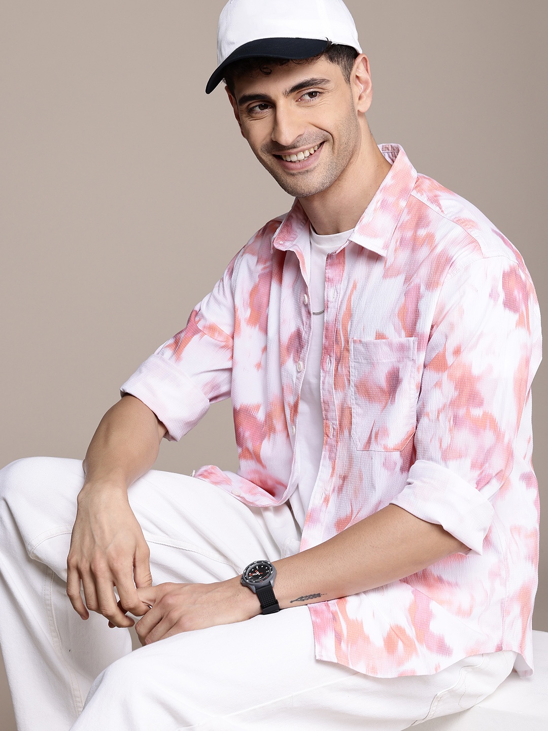 

WROGN Comfort Fit Dyed Seersucker Casual Shirt, Pink