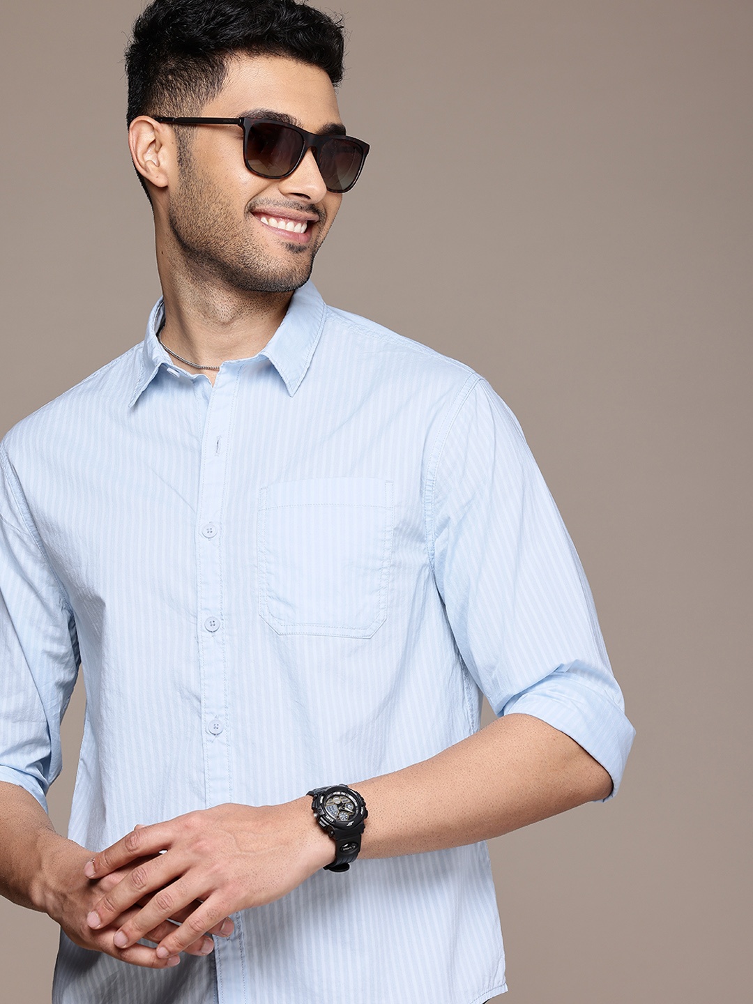 

WROGN Pure Cotton Striped Comfort Fit Casual Shirt, Blue