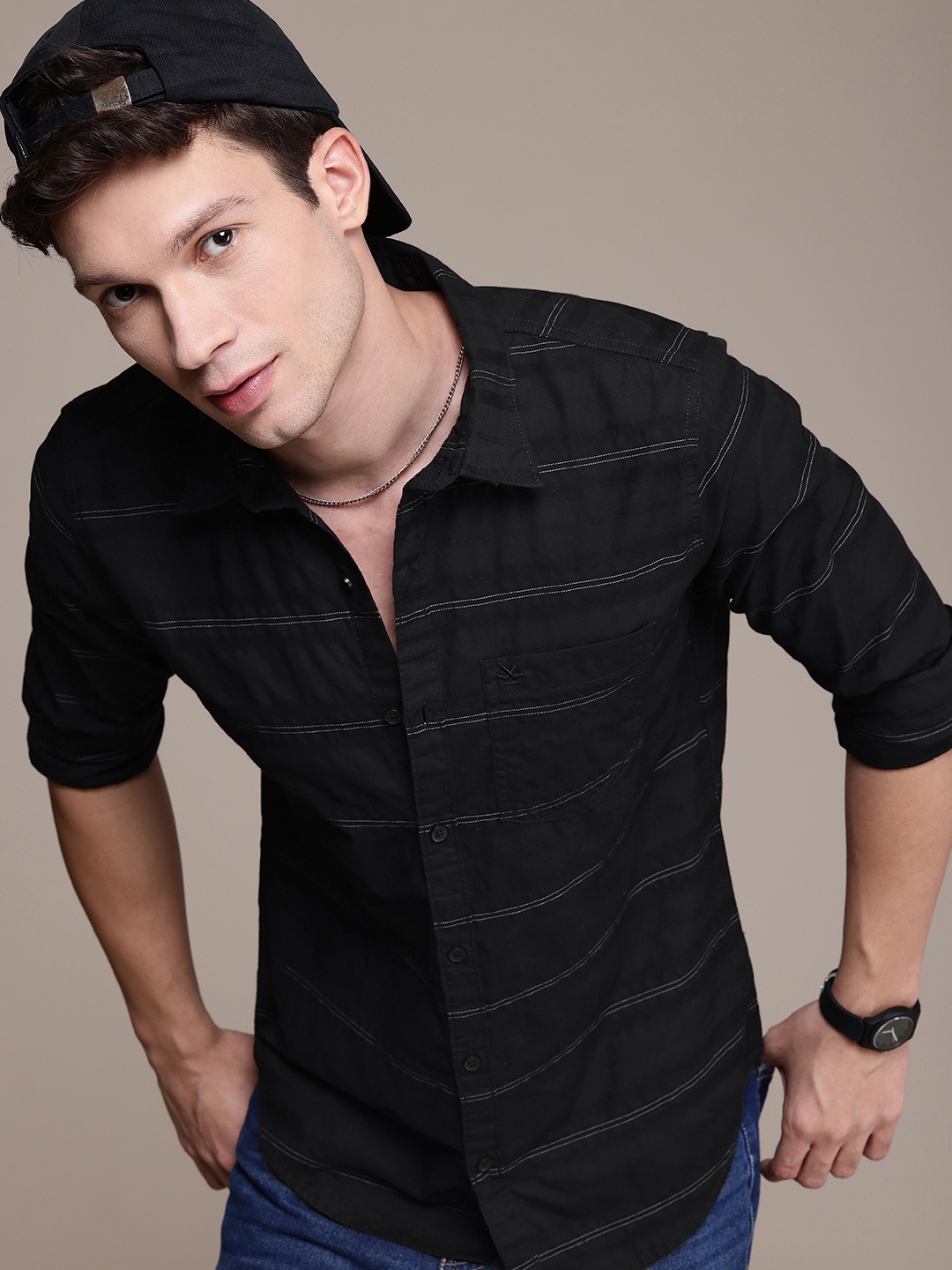 

WROGN Self Striped Casual Shirt, Black