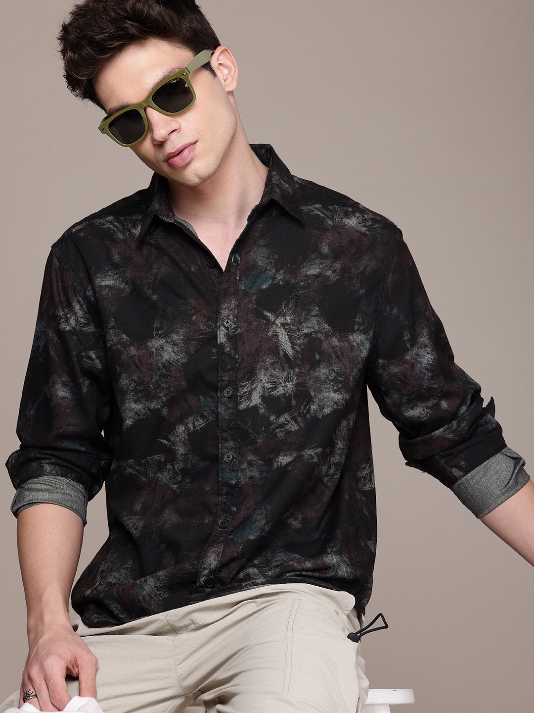 

WROGN Comfort Fit Abstract Opaque Printed Casual Shirt, Black