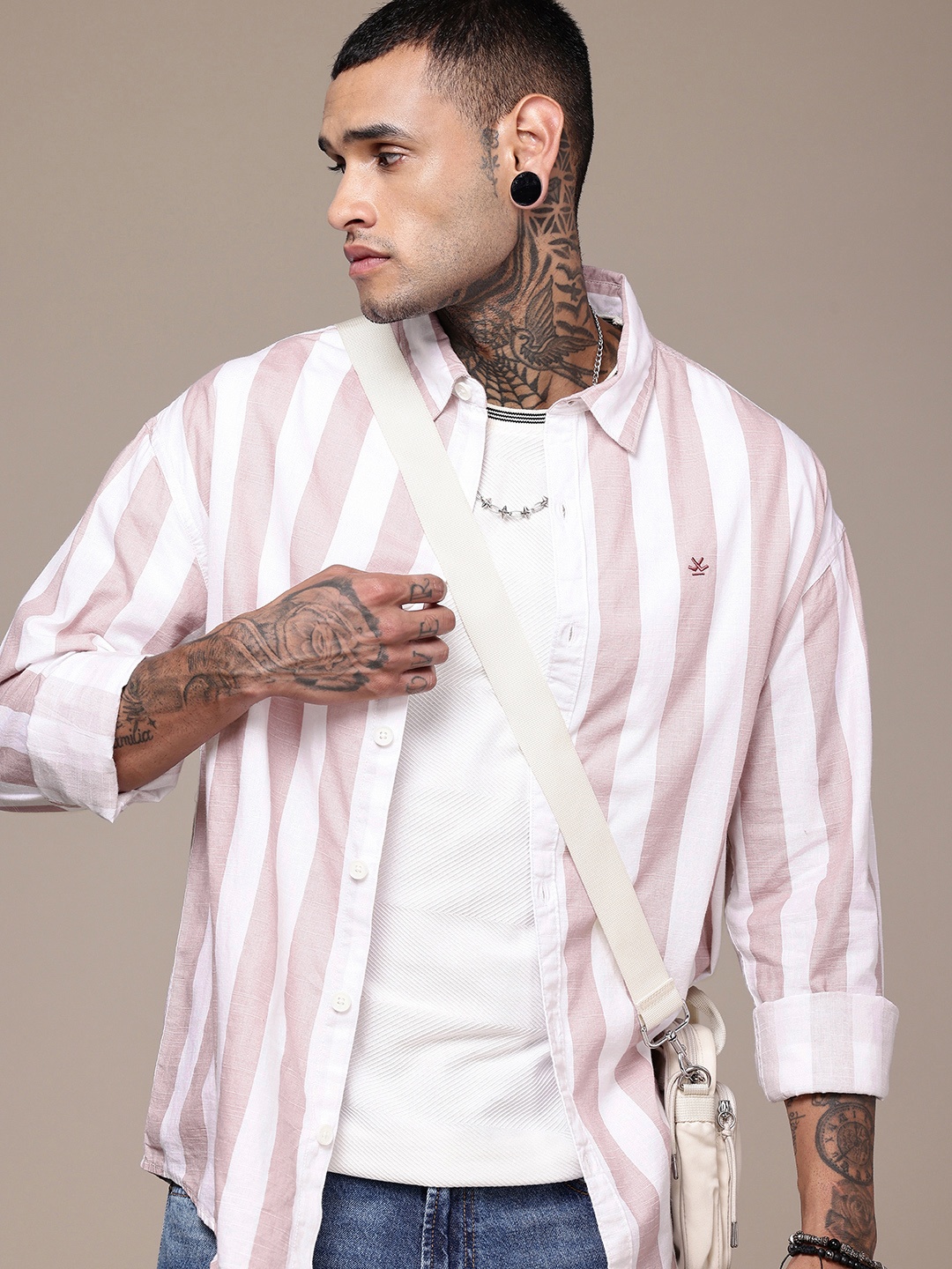 

WROGN Striped Oversized Pure Cotton Casual Shirt, Pink